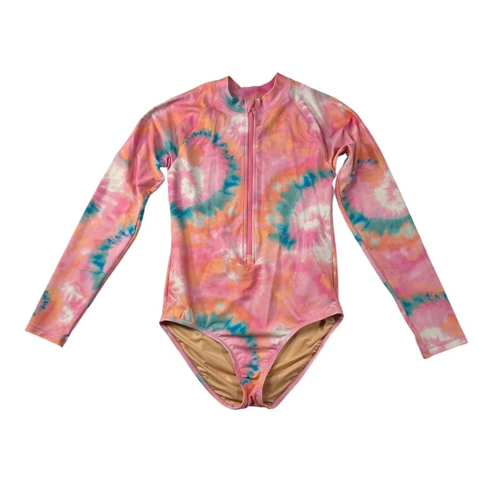 Crewcuts Girls Pink Tie Dye Long Sleeve Rash Guard Swimsuit UPF 50+ Size 14
